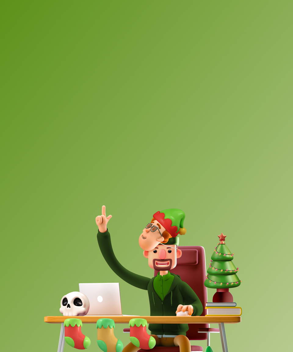 A scheming employee dressed in holiday attire, with a deceiving mask of another employee's face pulled up to reveal their true identity for Confetti's Virtual Holiday Traitorous Trivia