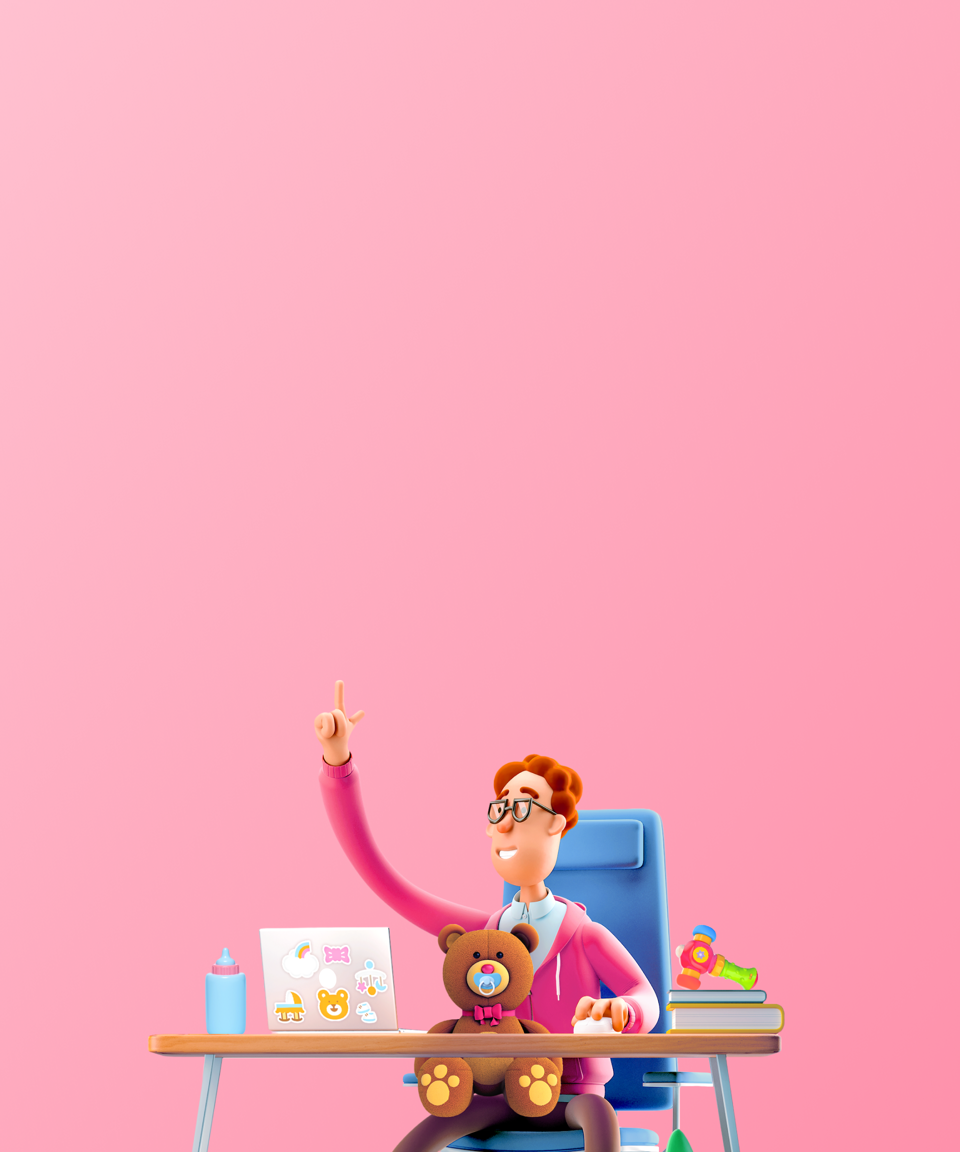 An employee raising their hand at their desks covered in baby related items like a toy, bottle, and teddy bear for Confetti's Virtual Team Building Trivia Games