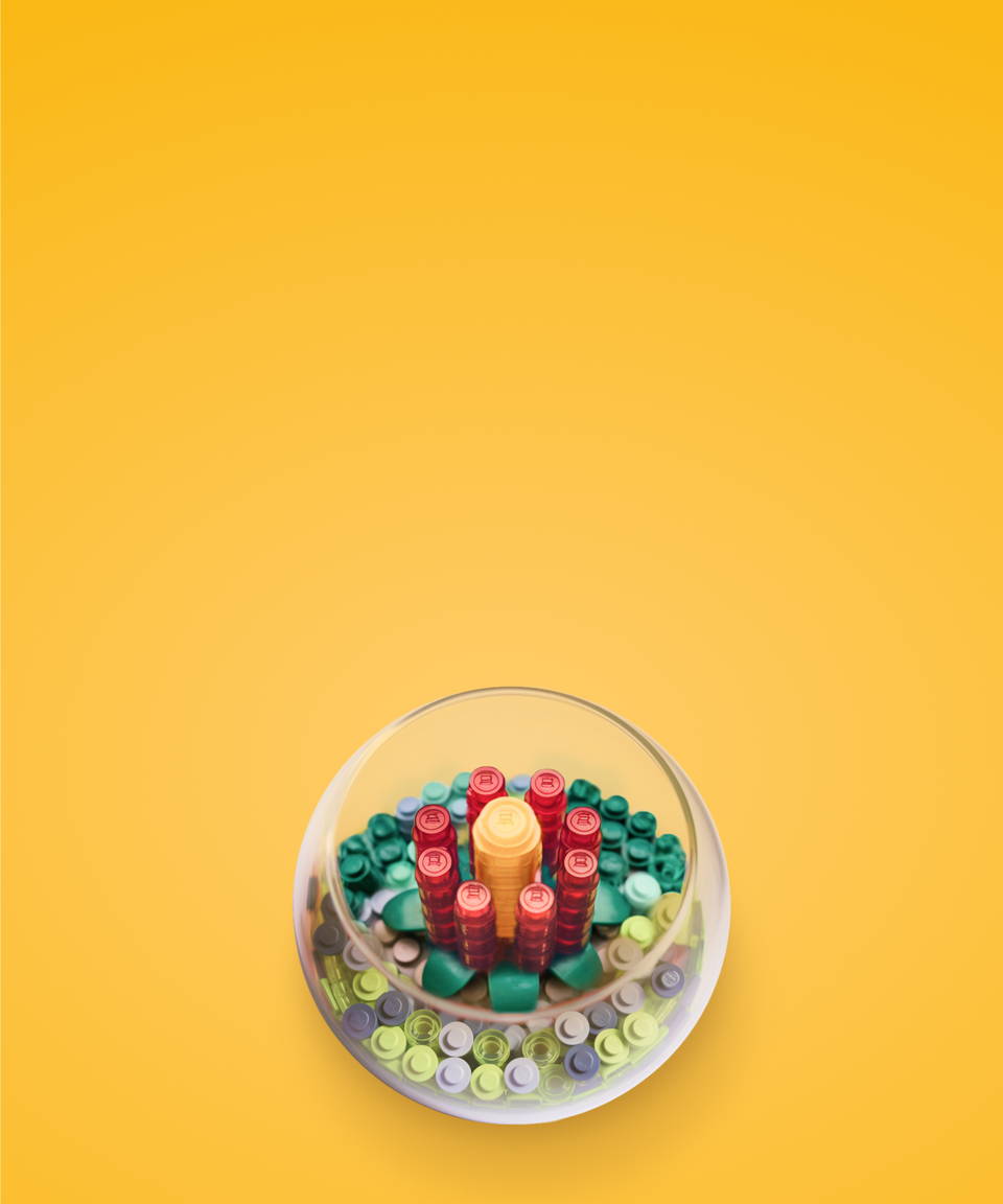 A glass terrarium including a flower made of toy bricks (small)