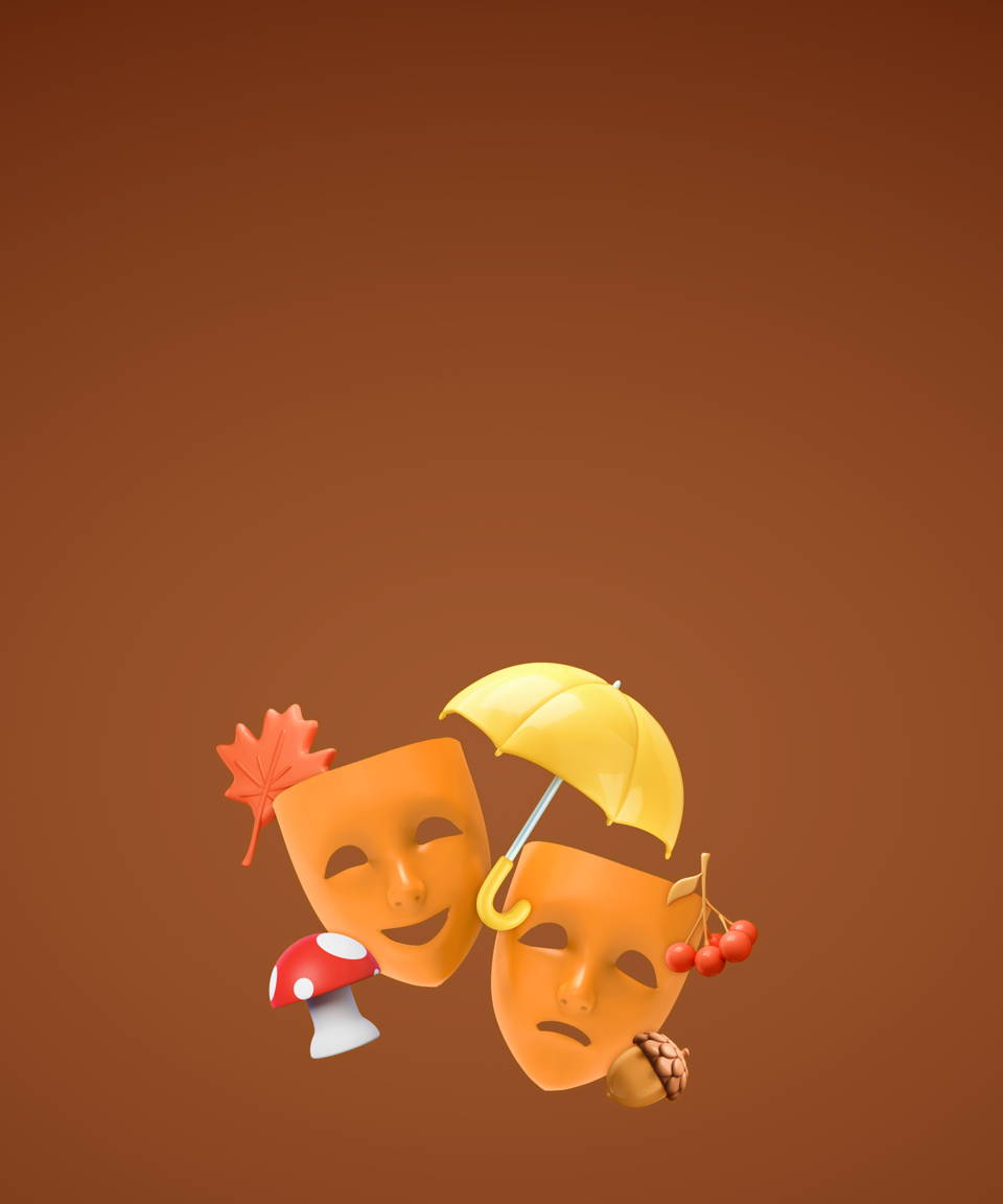 Smiling and sad theater masks with fall-themed objects (small)