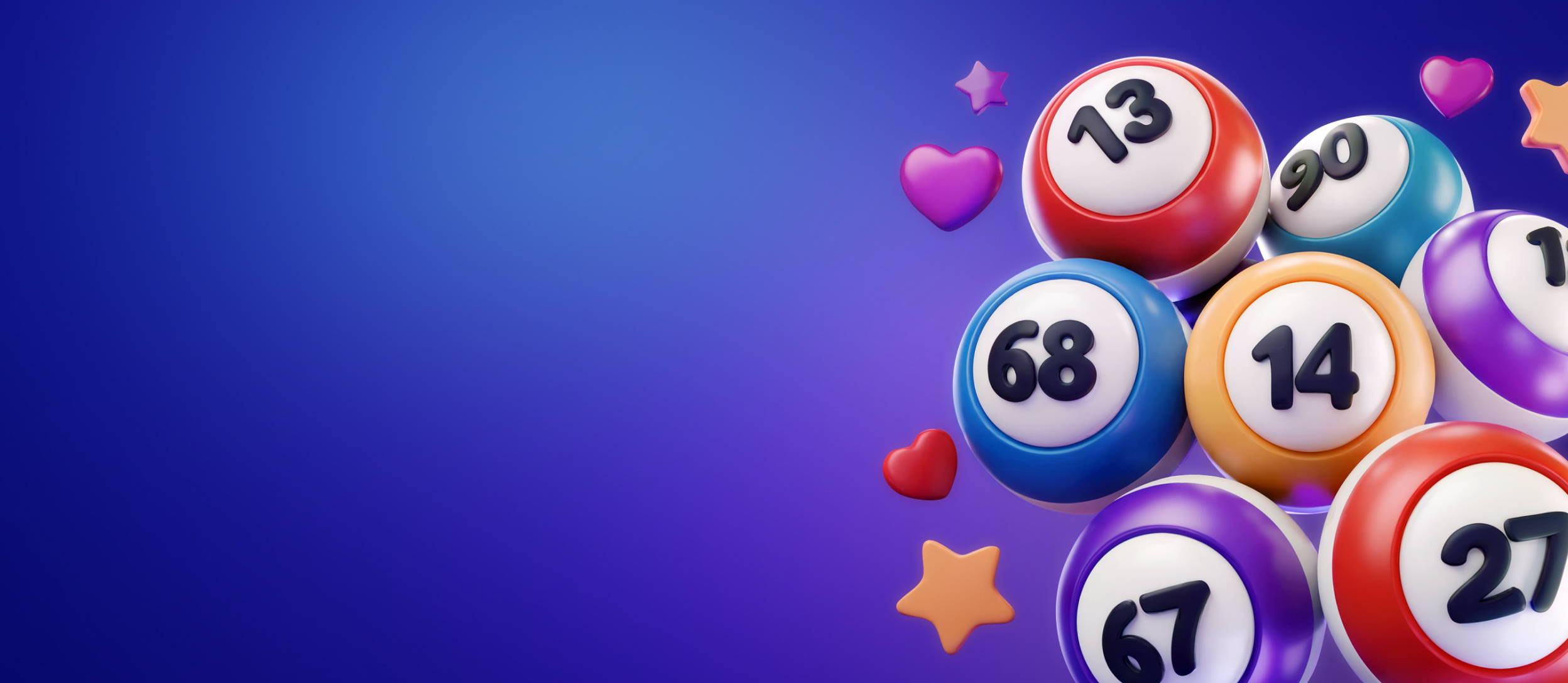 Cluster of numbered bingo balls, with hearts & stars around them, on a purple background