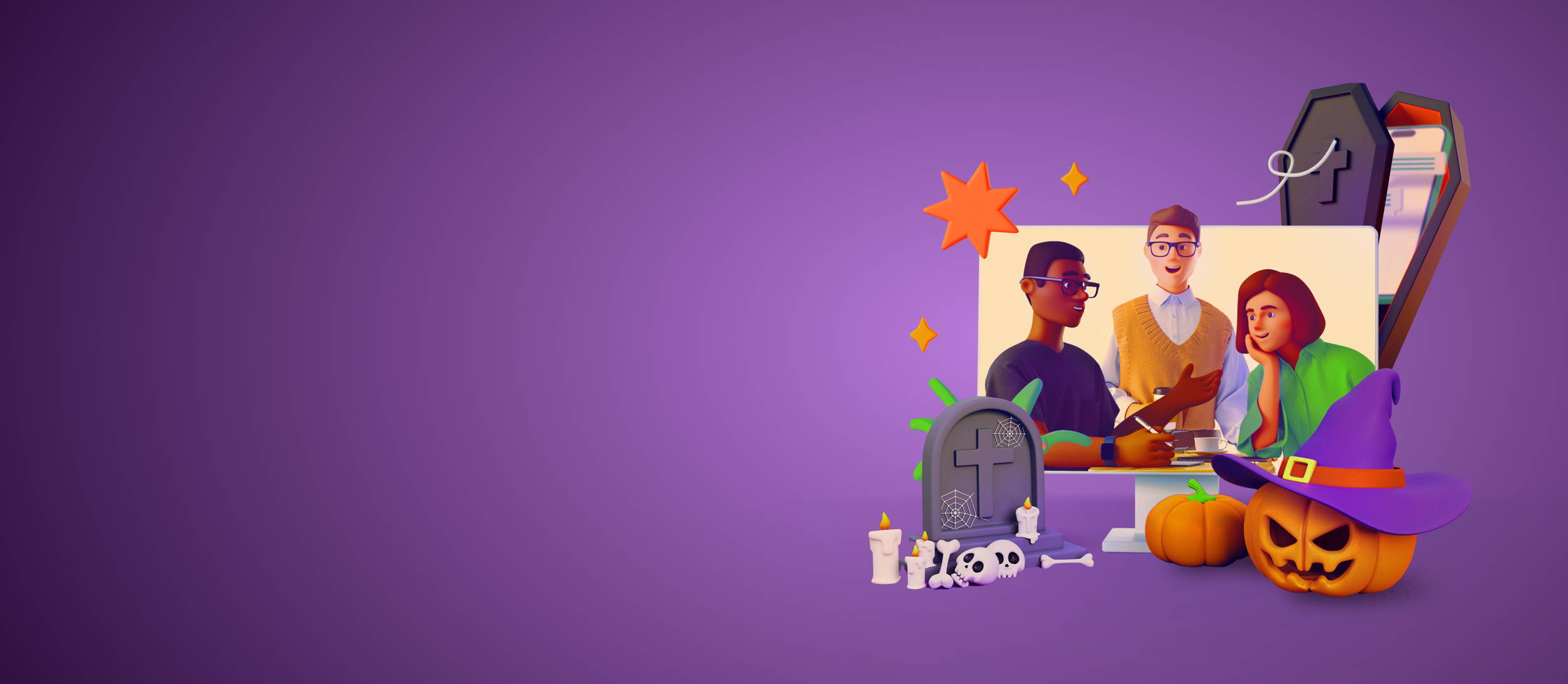Three coworkers interacting at a work mixer with Halloween themed decorations (large)