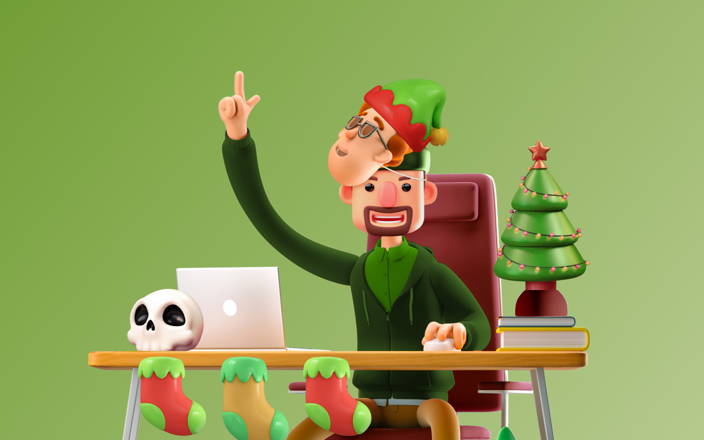 A scheming employee dressed in holiday attire, with a deceiving mask of another employee's face pulled up to reveal their true identity for Confetti's Virtual Holiday Trivia