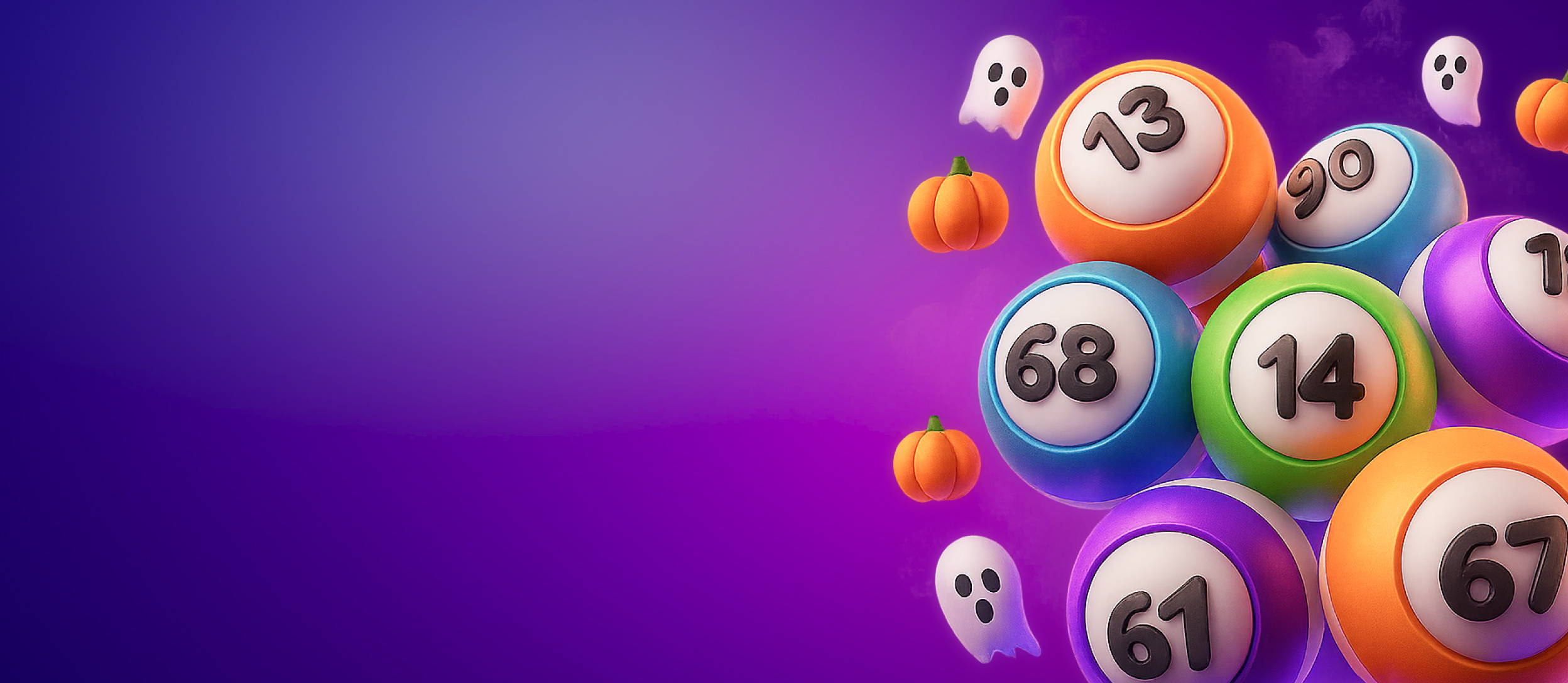 Multiple bingo balls with different numbers, surrounded by floating ghosts and pumpkins