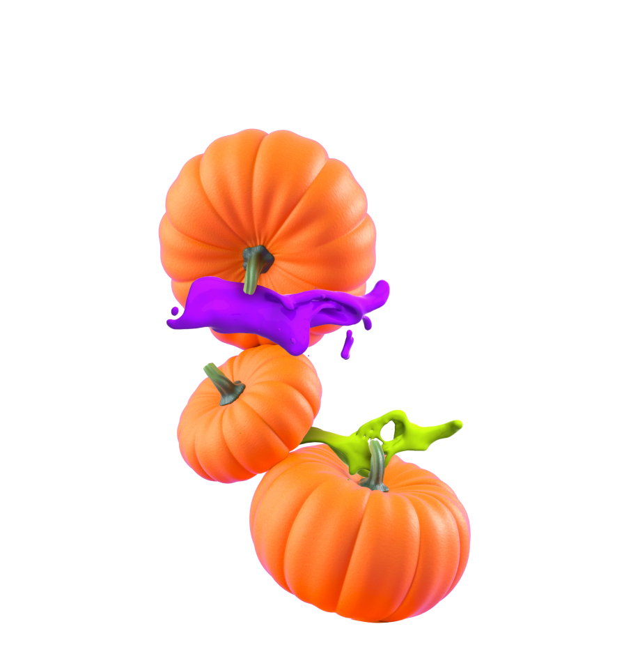 Halloween pumpkins with splashes of purple and green paint