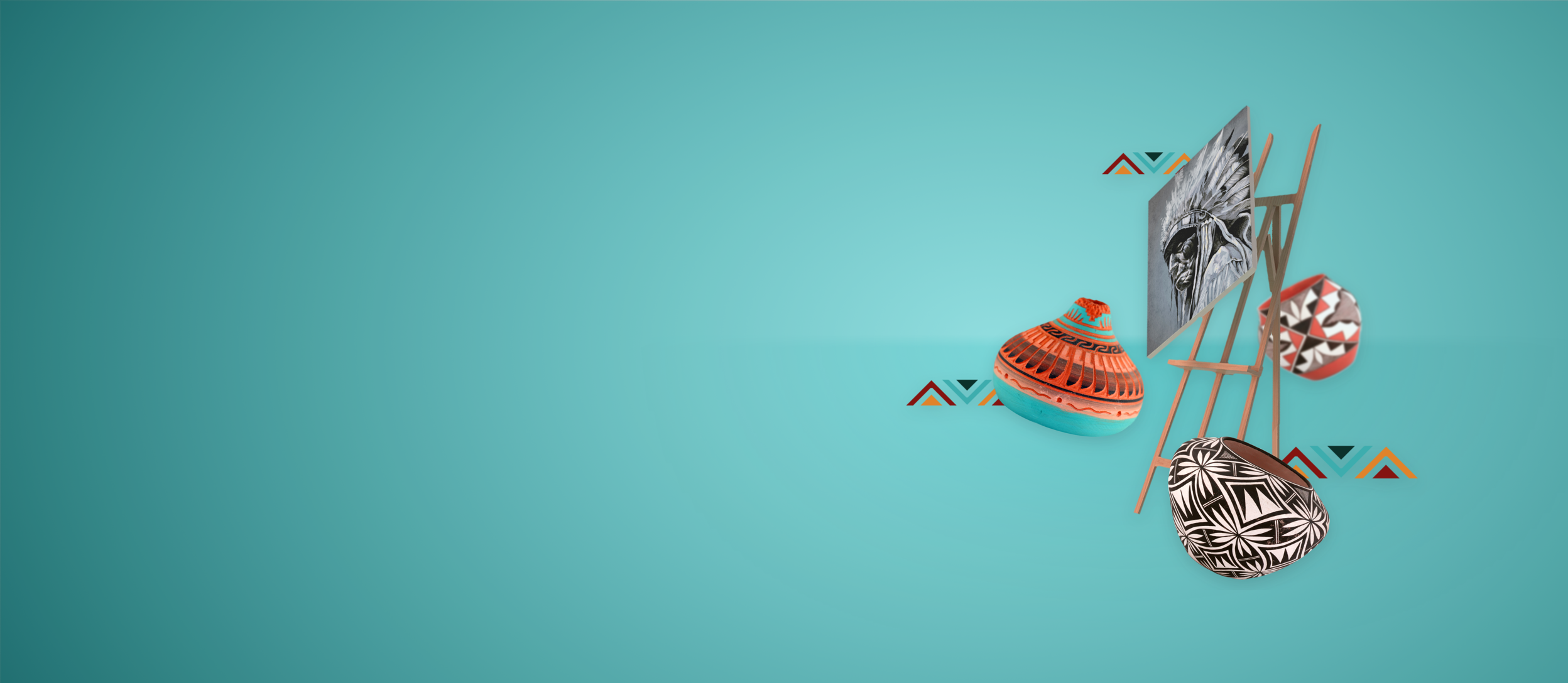 An easel surrounded by various Native American Art for Confetti's Virtual Celebrate Native American Heritage Month