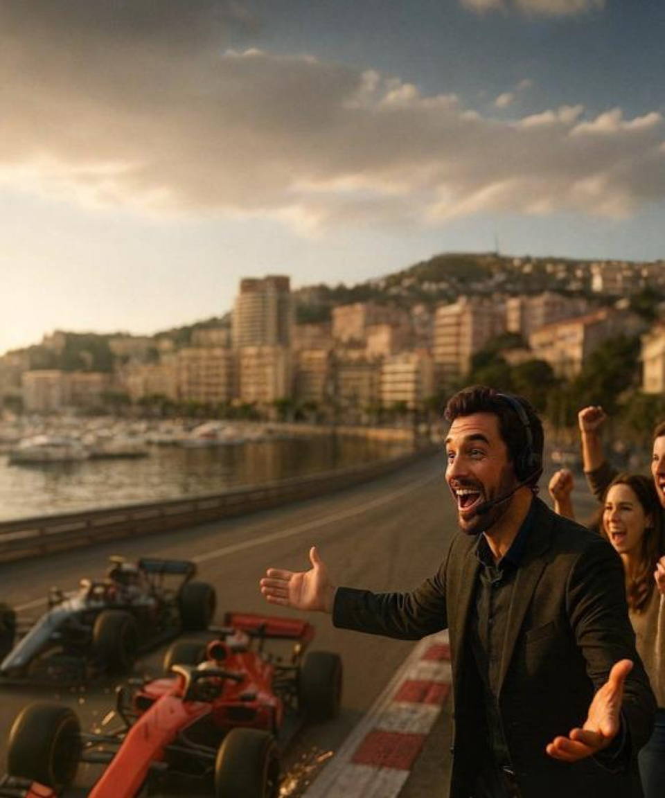 Excited announcer at an F1 race with two cars driving/racing by