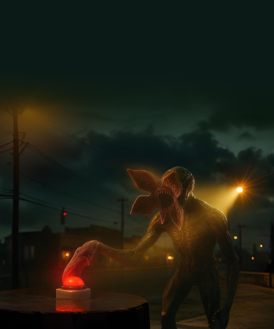 A demogorgon standing in the street, with its "hand" hovering over a red buzzer