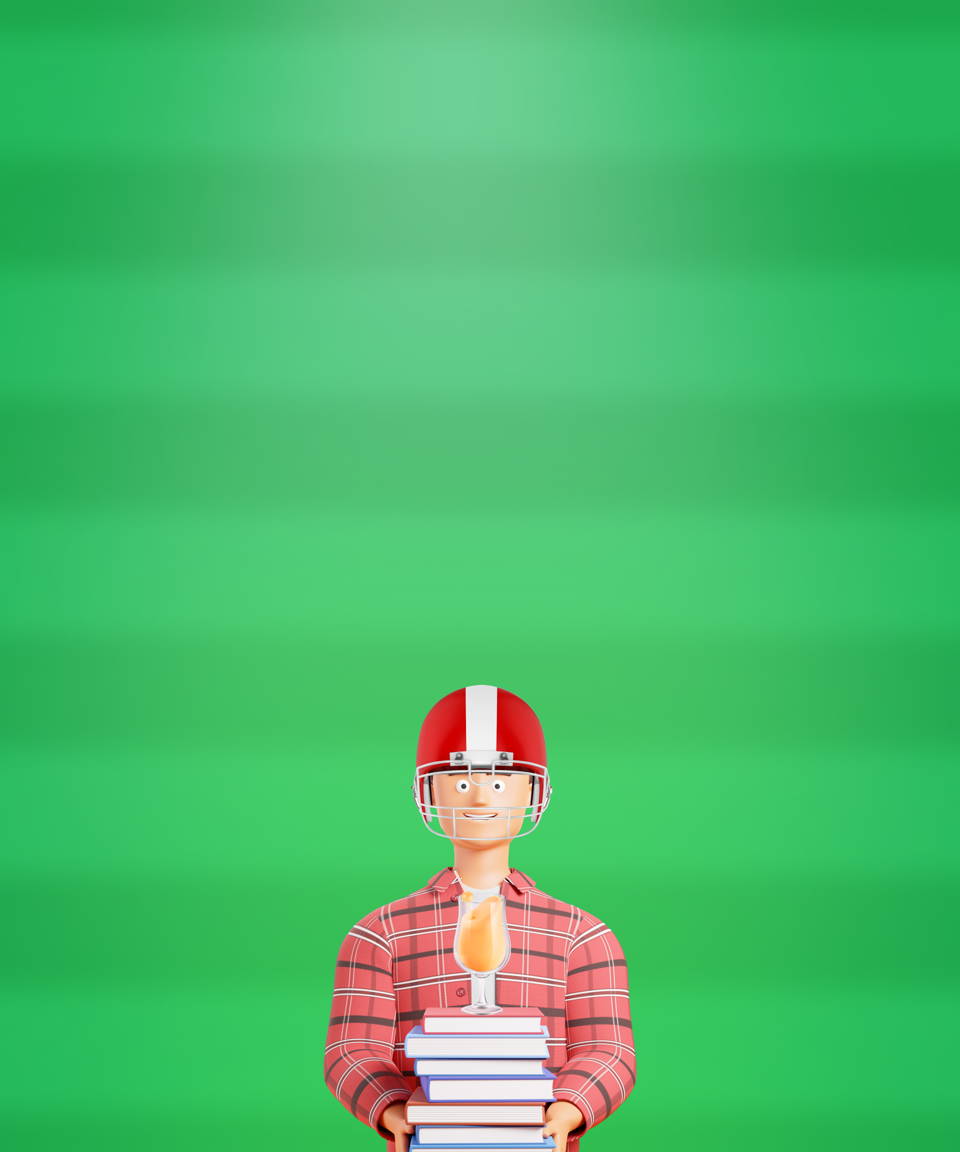 Cartoon man wearing a football helmet holding a pile of books with a cocktail glass on top (small)