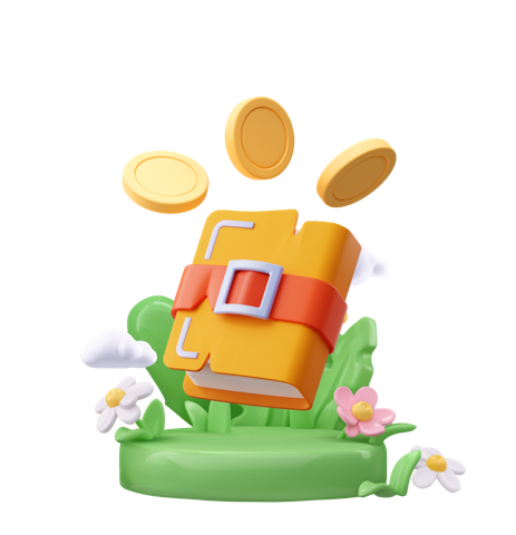 Cartoon book with coins in front of a grassy background