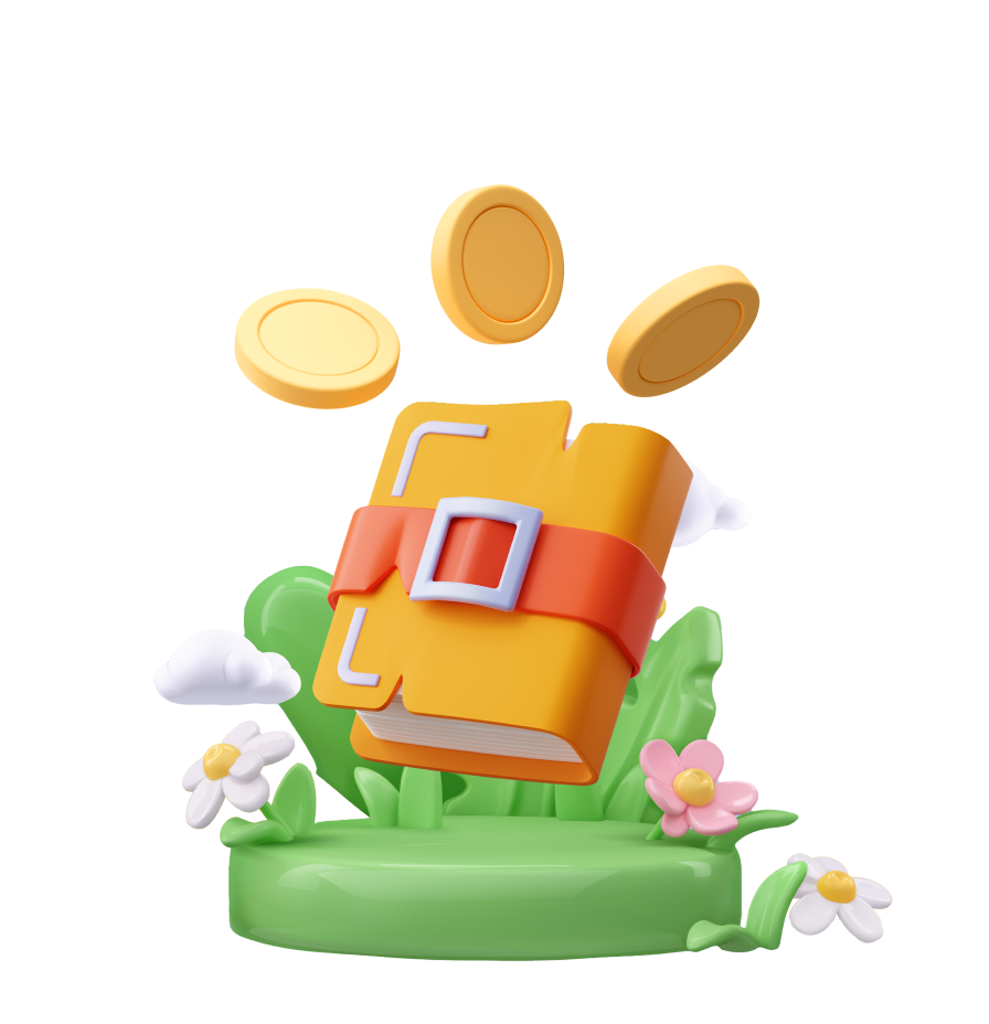 Cartoon book with coins in front of a grassy background