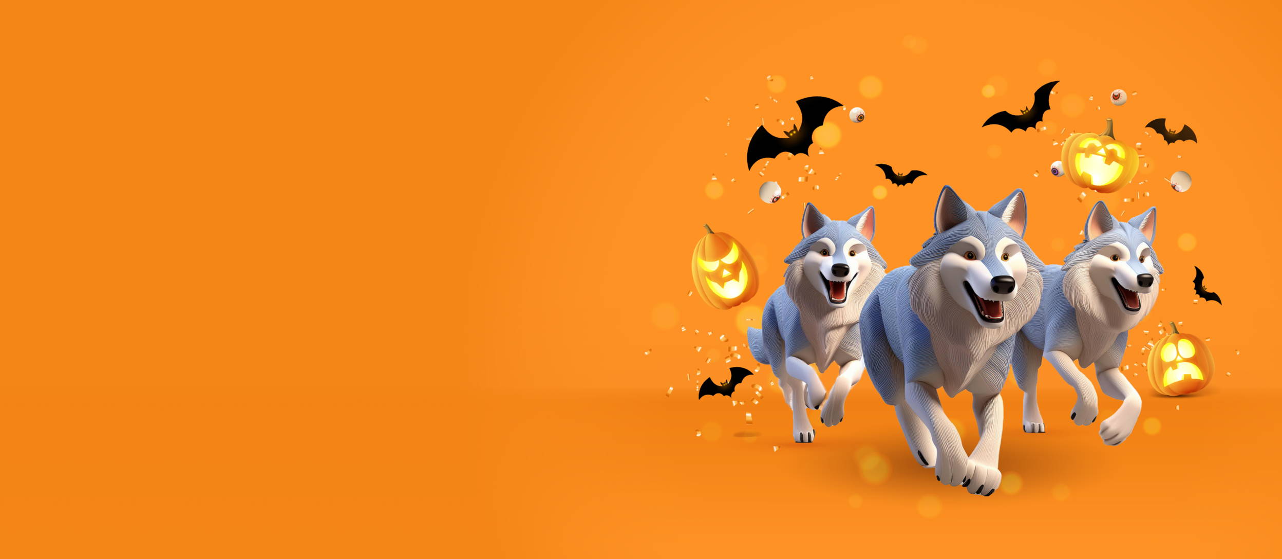 Pack of wolves running with flying bats and pumpkins (large)
