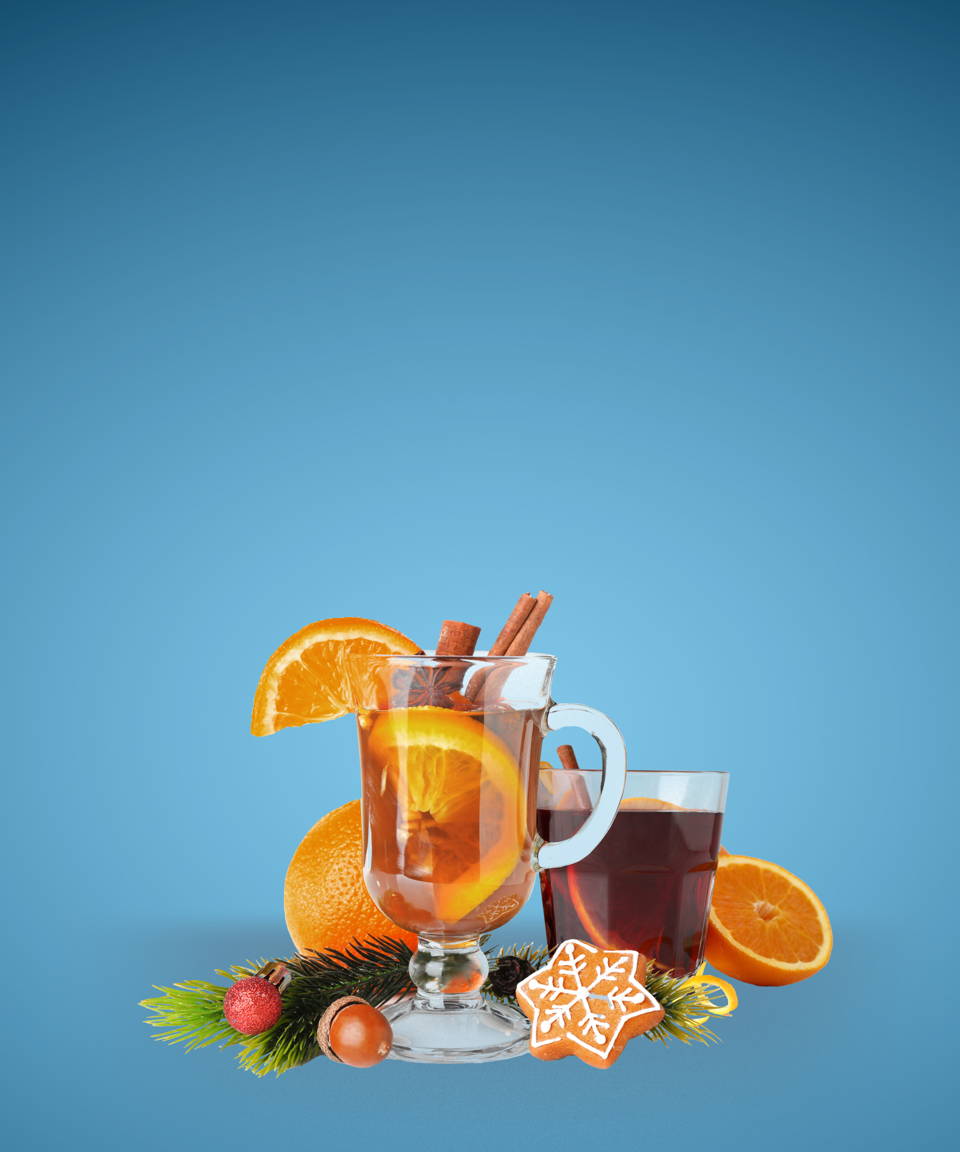 Mulled wine and cider with festive holiday decorations (small)