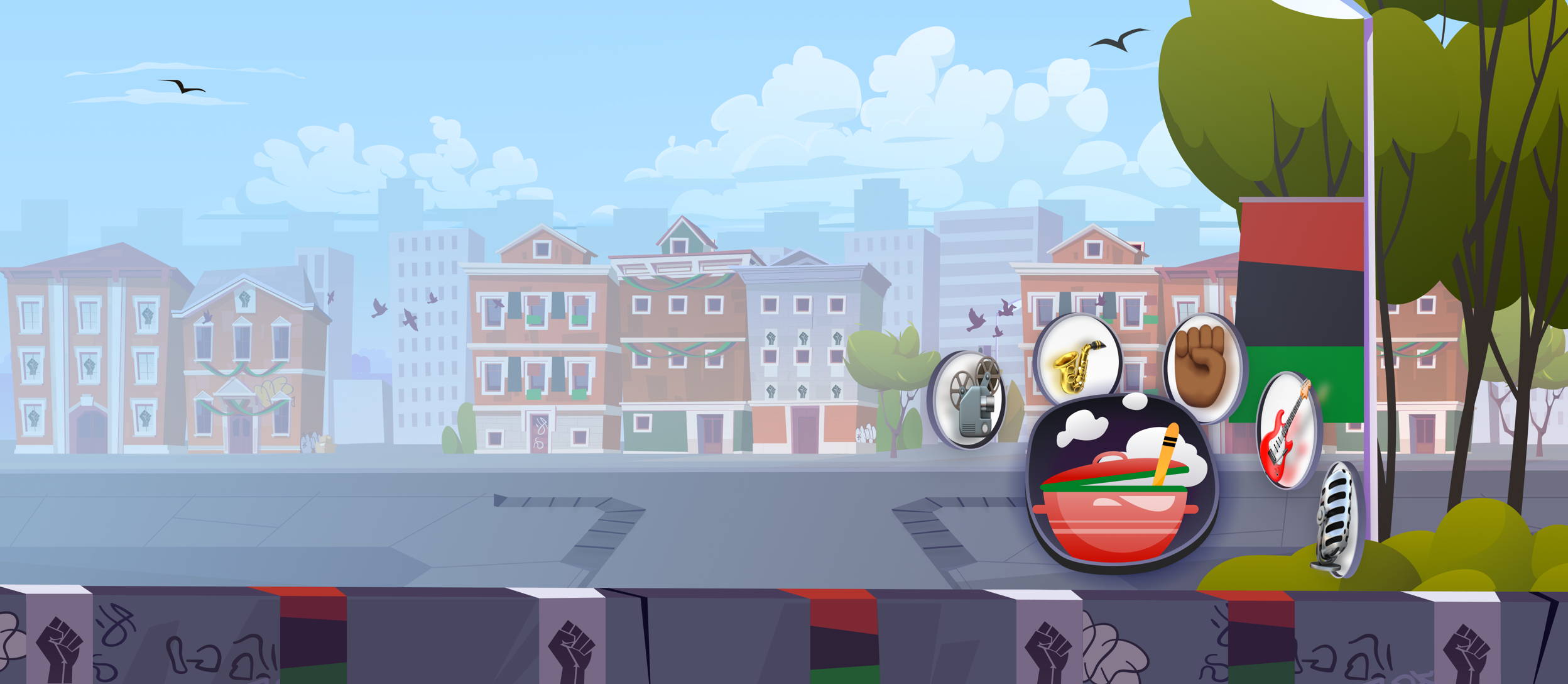 City backdrop with Black History Month flags and icons representing culture (large)