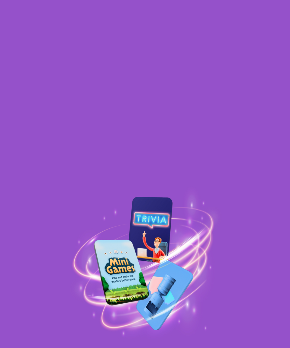 The logos for Confetti's Water Cooler, Mini Games, and Classic Trivia in a sparkly whirlpool for Confetti's Virtual Mash-Up