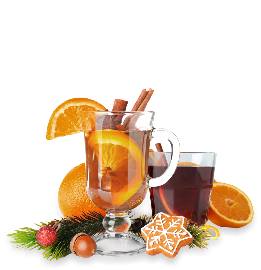 Glasses of mulled wine garnished with cinnamon and orange