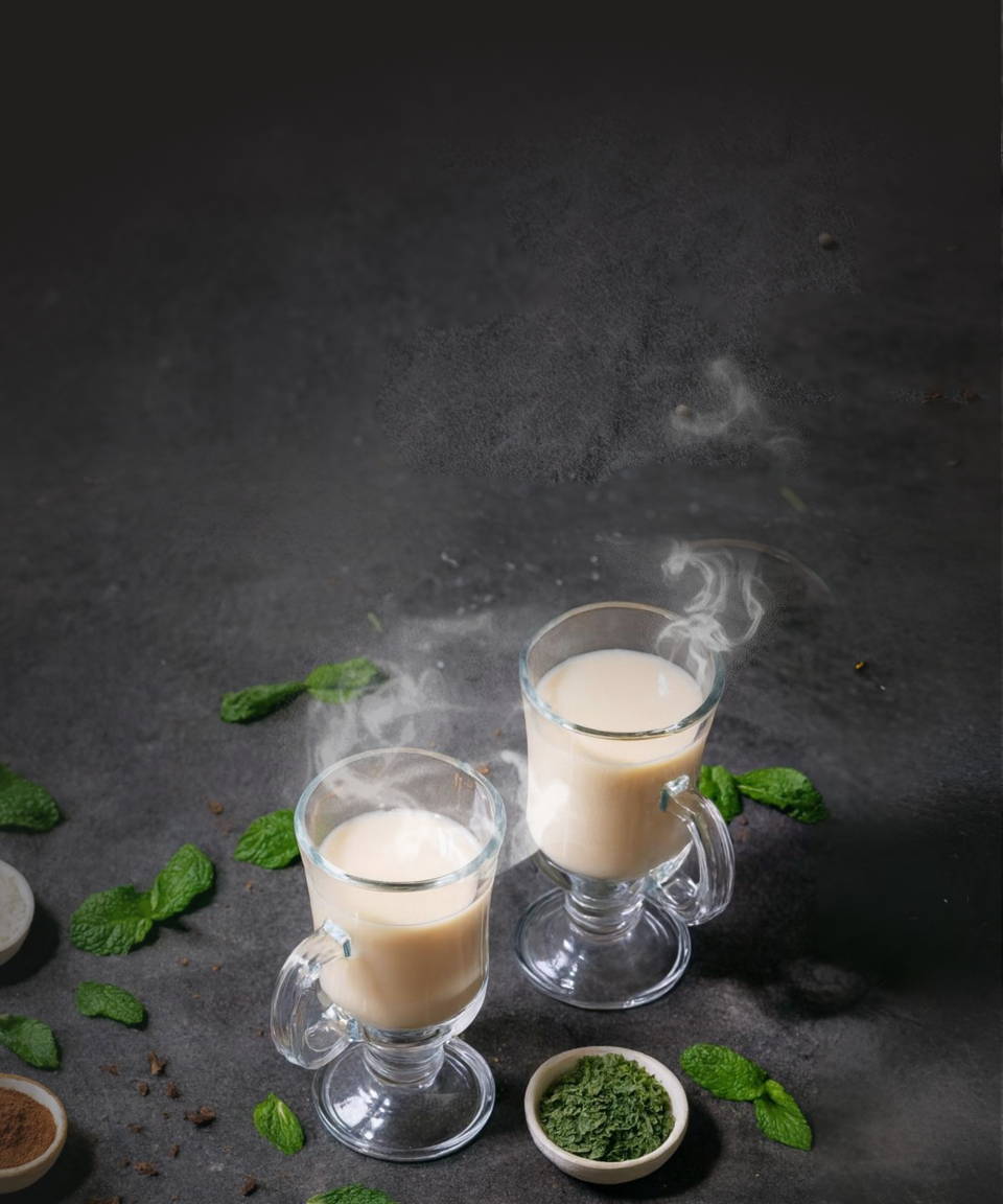 Hot drinks in a clear mug with cocoa, peppermint and other ingredients.