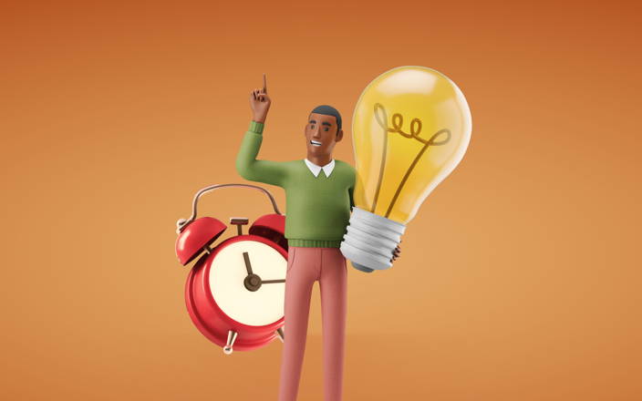 A giant alarm clock behind an employee holding up a big lightbulb for Confetti's Virtual Corporate Team Building Exercises