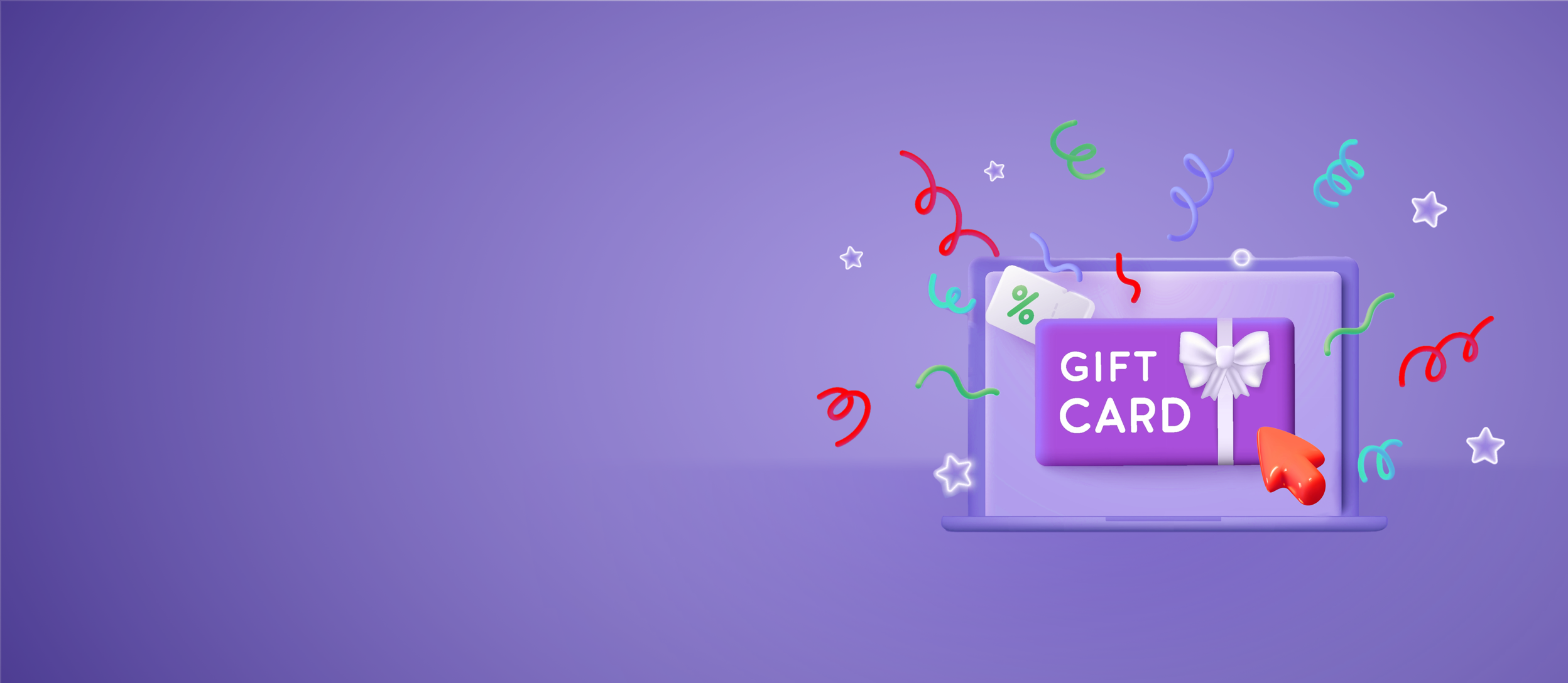 A purple laptop's computer screen showing an online gift card, surrounded by confetti for Confetti's virtual gift cards for employees