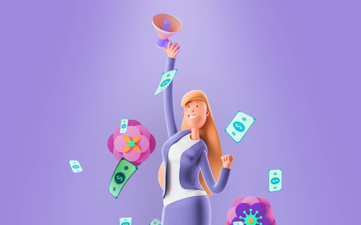Businesswoman jumping in joy with megaphone, flowers, and money (preview)