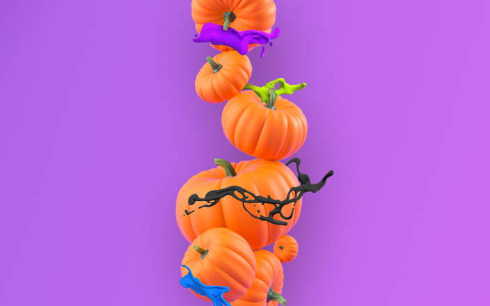 Four pumpkins falling with swirls of paint surrounding them for Confetti's BYO Halloween Pumpkin Painting Class