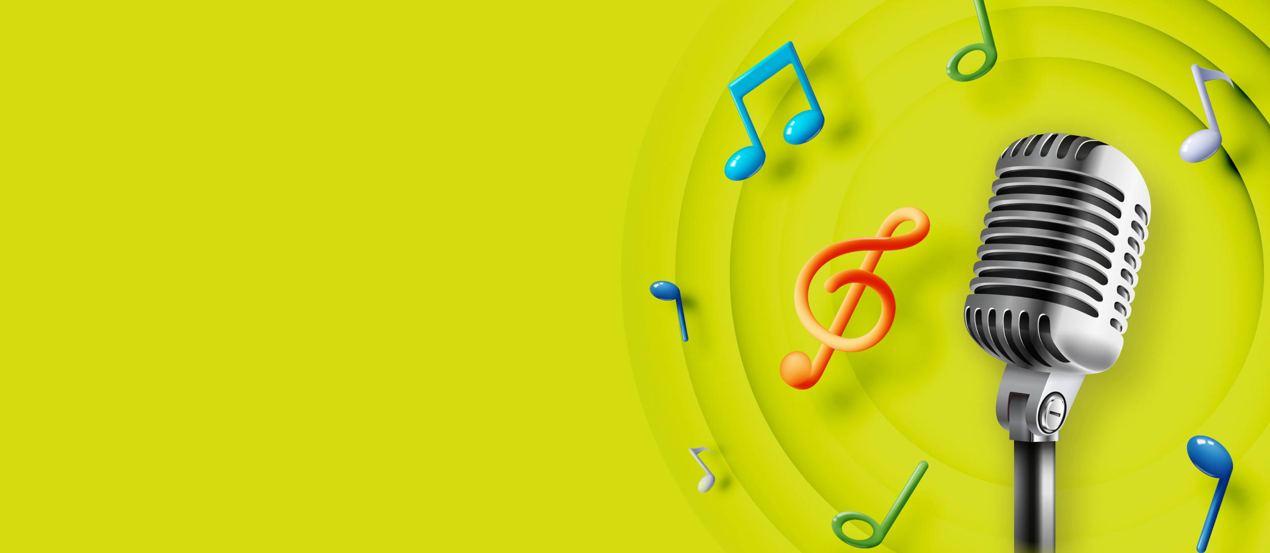 Microphone, play button, and musical notes (large)
