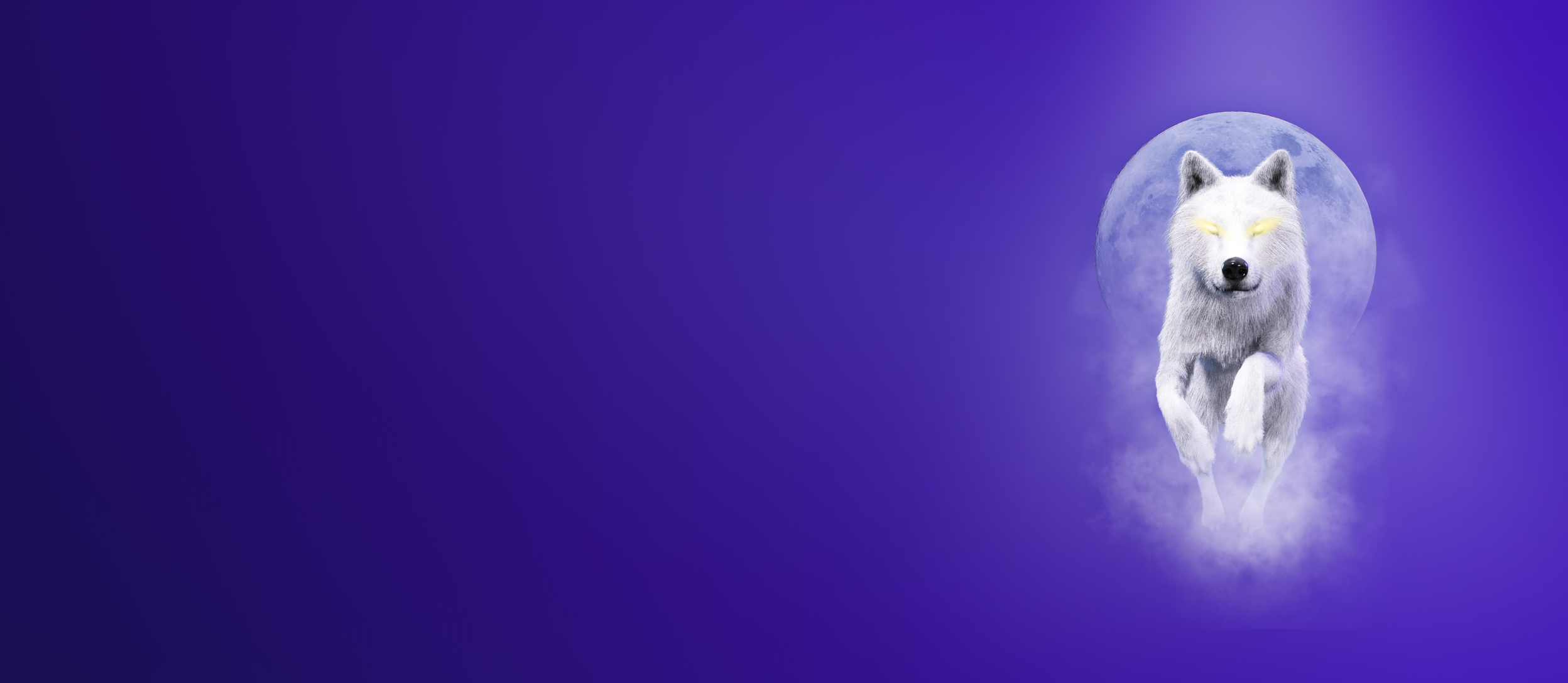 A white wolf with glowing eyes running in front of a full moon for Confetti's Virtual Werewolf Team Building
