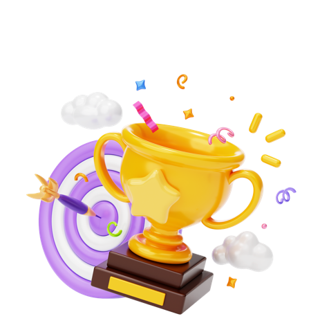 A trophy surrounded by confetti next to a dart hitting a purple bullseye 