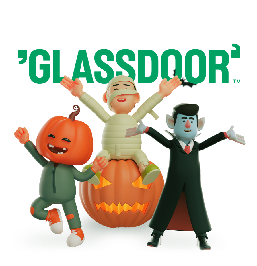 Animated mummy sitting on a pumpkin, man with a pumpkin head, and dracula celebrating