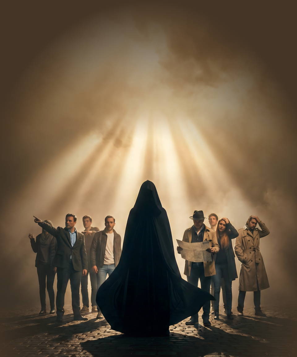 A dark cobblestone street with a crowd of people standing underneath a bright light, and a tall cloaked figure standing in front of them, but facing us