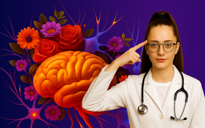 Female doctor pointing to her brain, with a brain image and flowers in the background