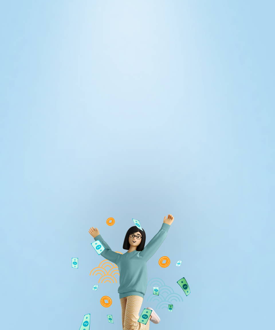 AAPI woman jumping up in excitement with money bills (small)