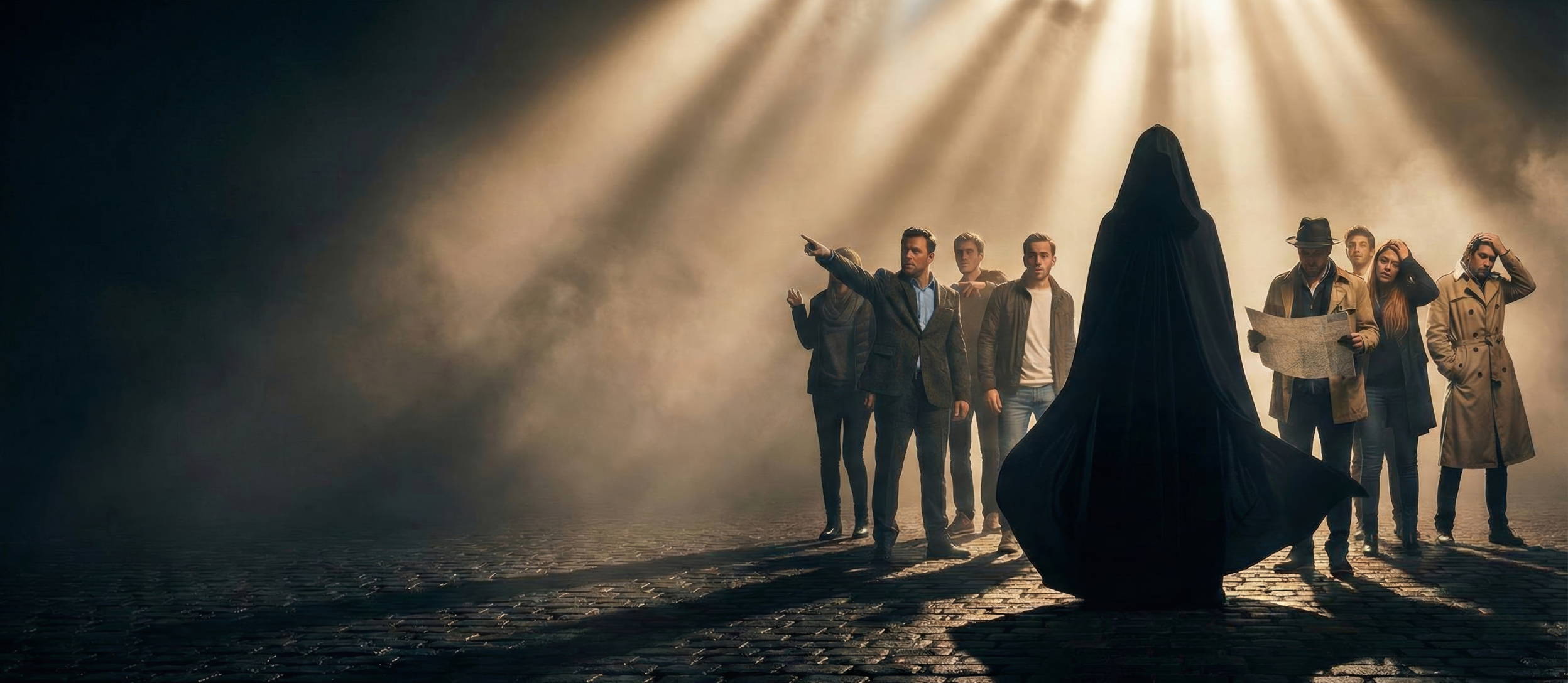 A dark cobblestone street with a crowd of people standing underneath a bright light, and a tall clocked figure standing in front of them, but looking at us