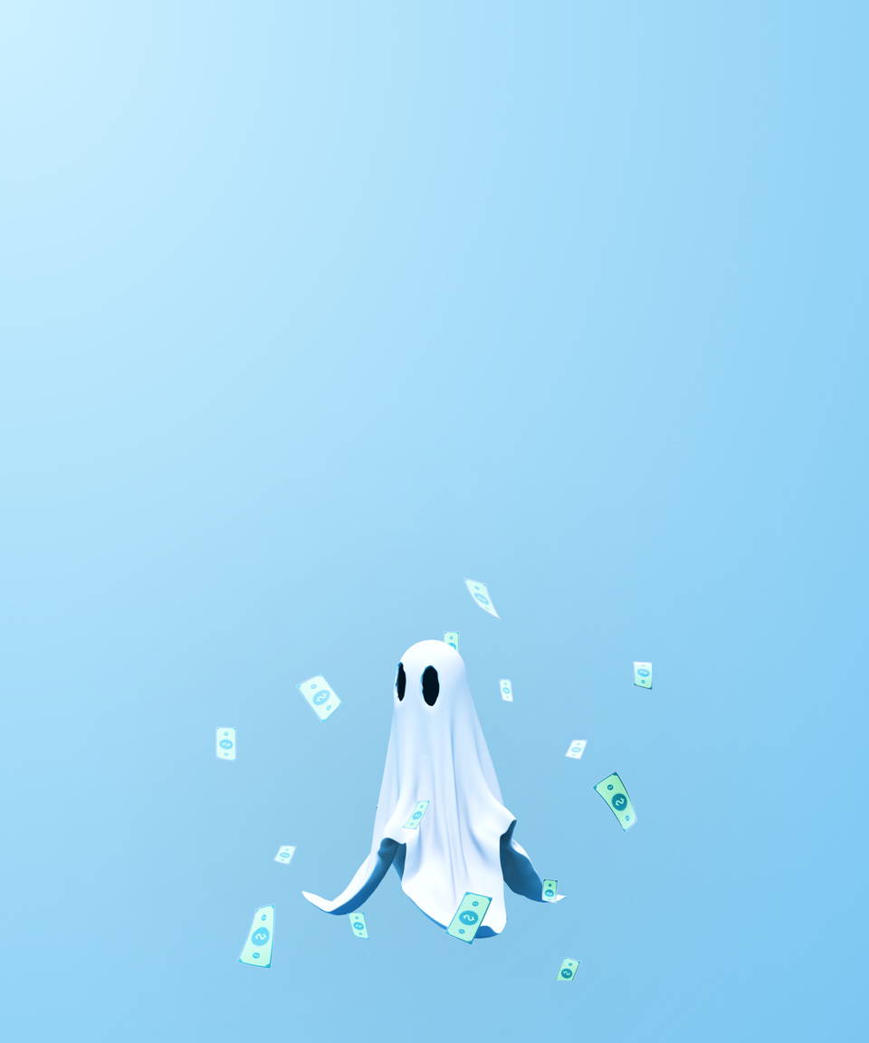Ghost in sheet with flying money bills (small)