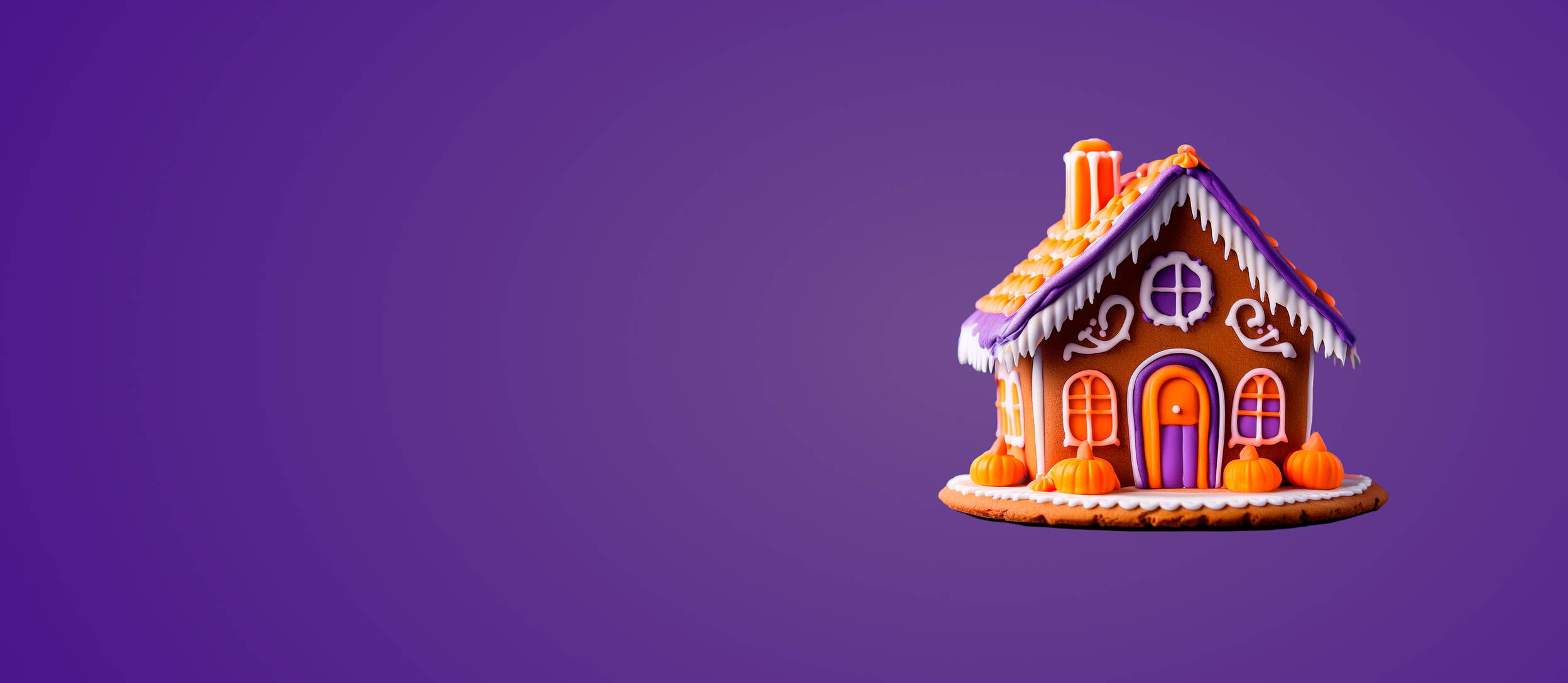 Green and purple frosted gingerbread house with Halloween decorations (large)