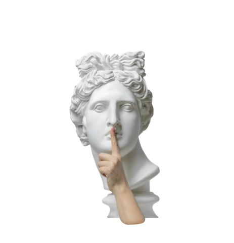 Hand raised to a sculpture's mouth