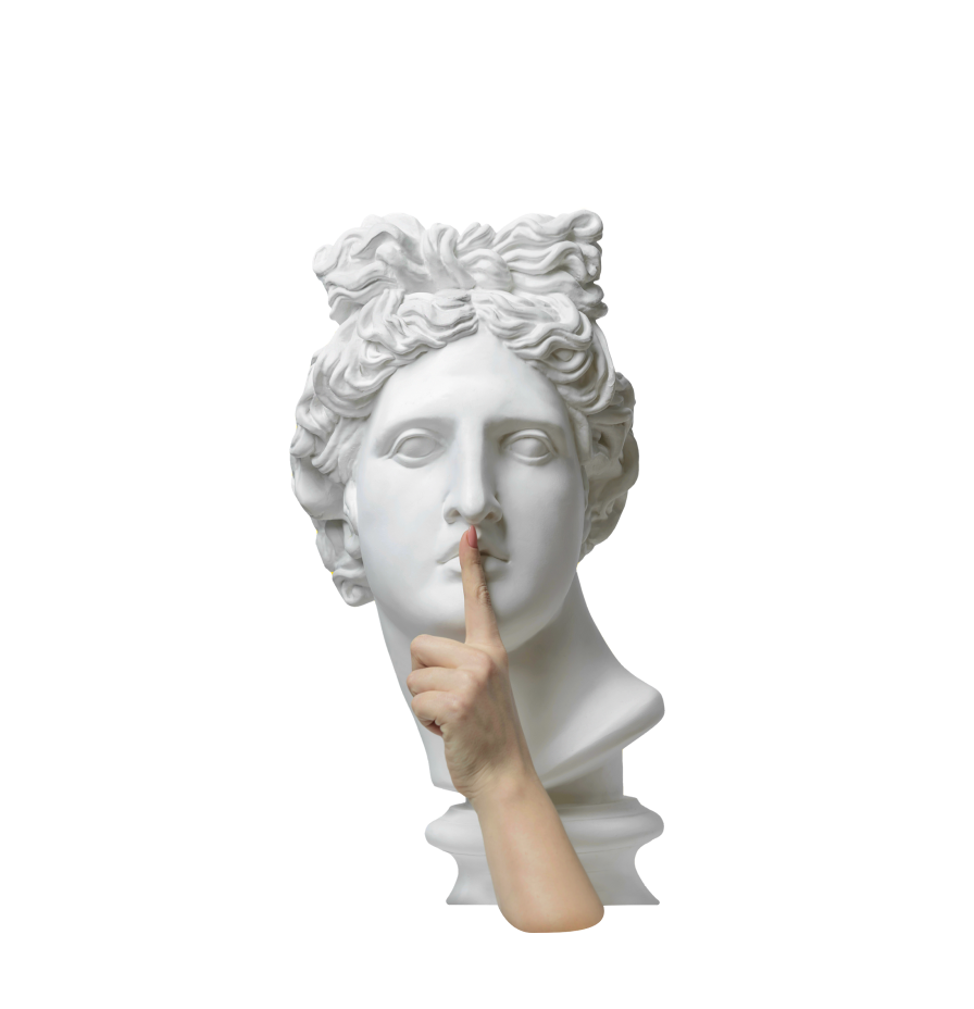 Hand raised to a sculpture's mouth