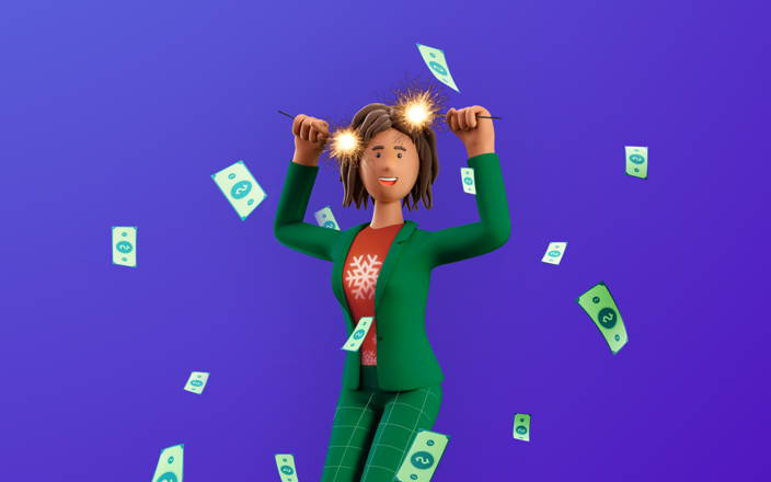 Jumping woman in festive attire holding sparklers and money bills flying (preview)