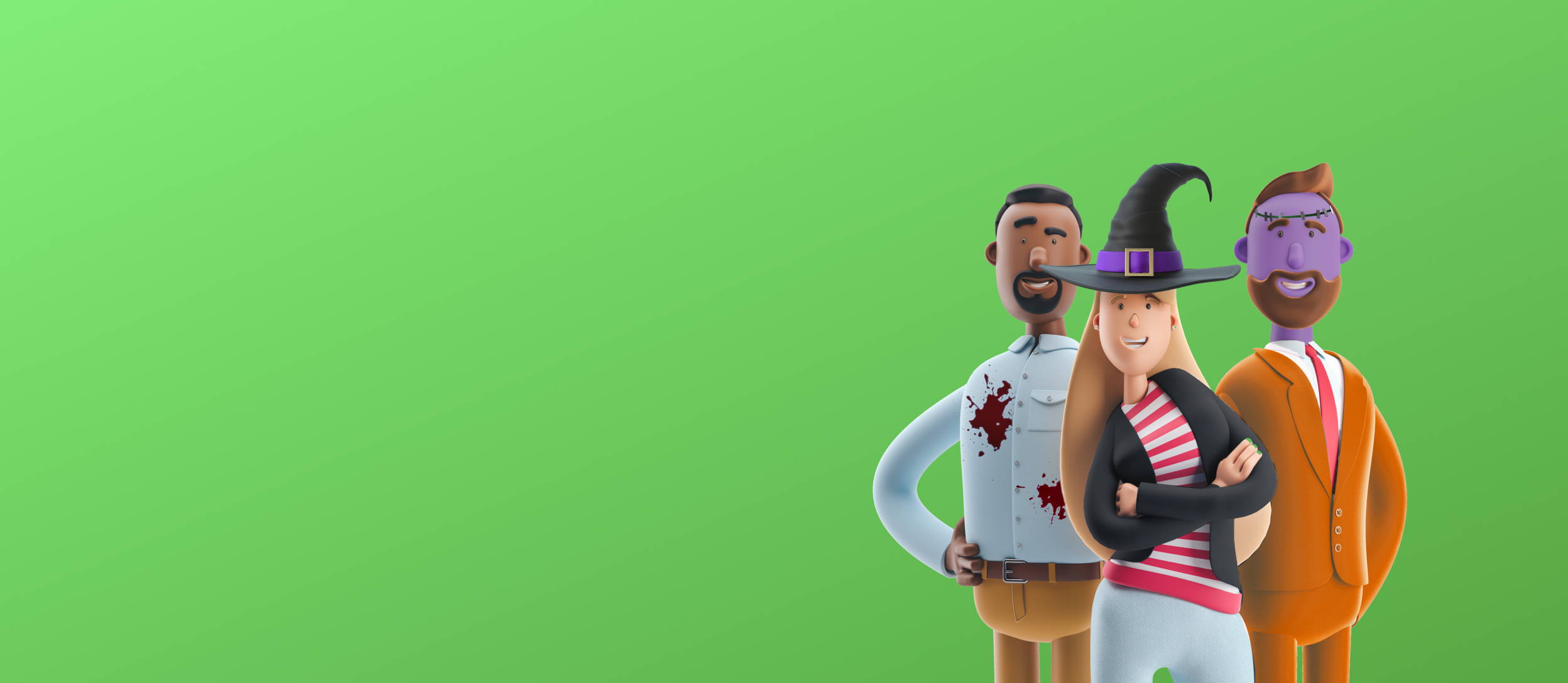Three 3D cartoon employees dressed in Halloween costumes for Confetti's Virtual Halloween Family Feud