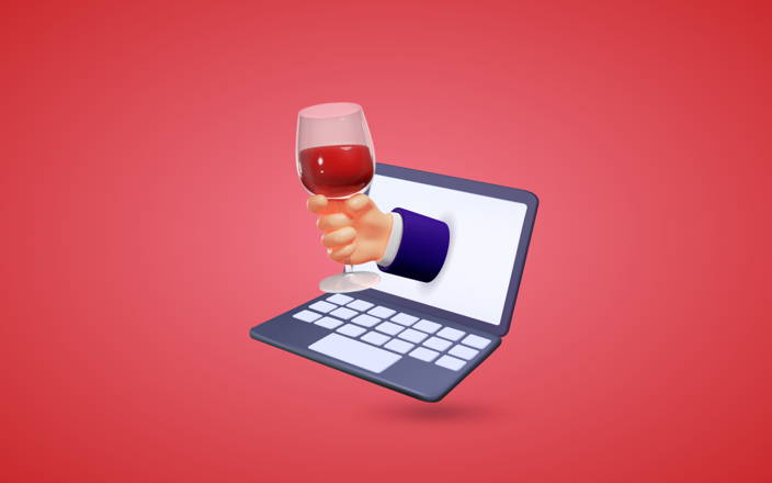 Hand reaching out of laptop holding a glass of wine (preview)