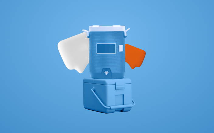 Speech bubbles behind a blue water cooler sitting on a square cooler for Confetti's Virtual Summer Icebreaker Questions