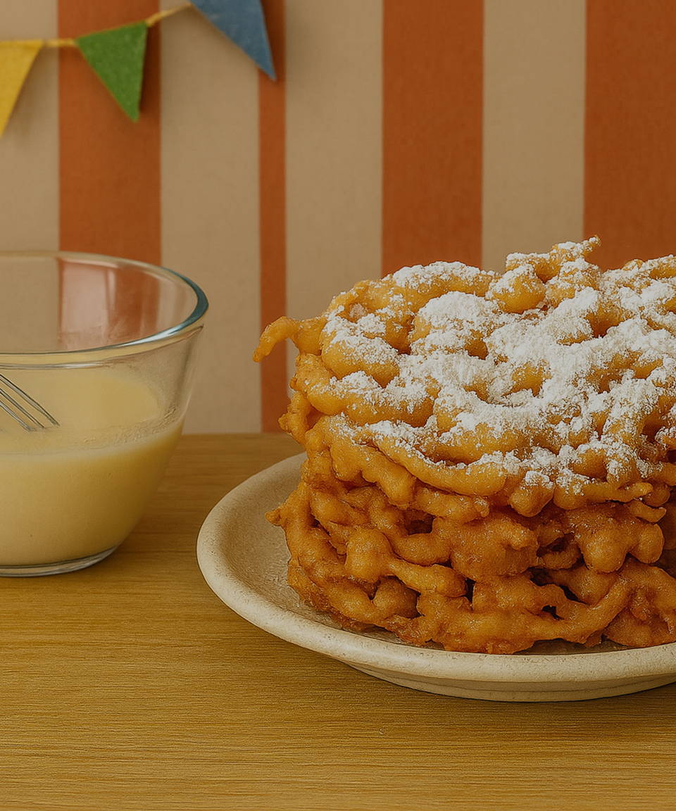 Image of funnel cake batter and a completed funnel cake 