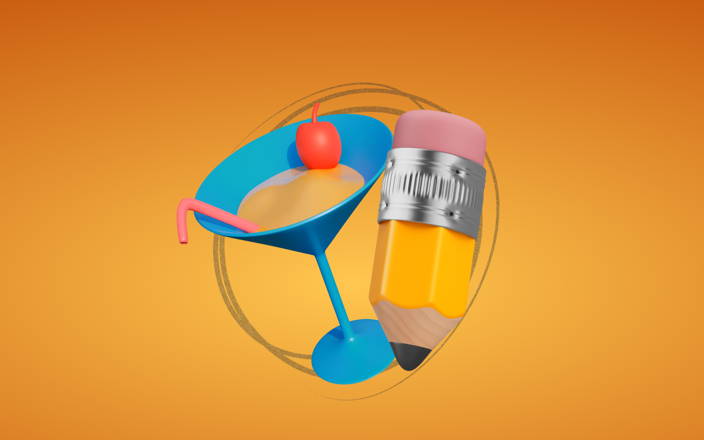 A blue martini glass with a cocktail and a cherry next to a big pencil inside of a drawn circle for Confetti's Virtual Blind Drawing Team Building