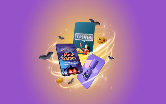 Halloween Mini Games, Halloween Trivia, and Halloween Water Cooler cards in a sparkling whirlpool (preview)