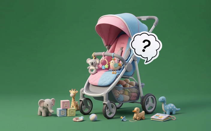 Baby stroller full of & surrounded by baby toys (blocks, rattles, stuffed animals, etc.), with a question mark in a speech bubble coming out, all on a green backdrop. 