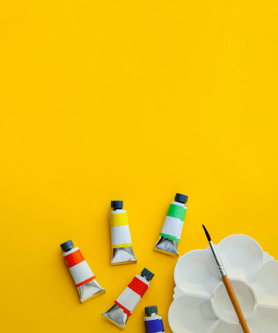 various paints, a paint brush, and an empty palette for Confetti's Virtual BYO Painting Class