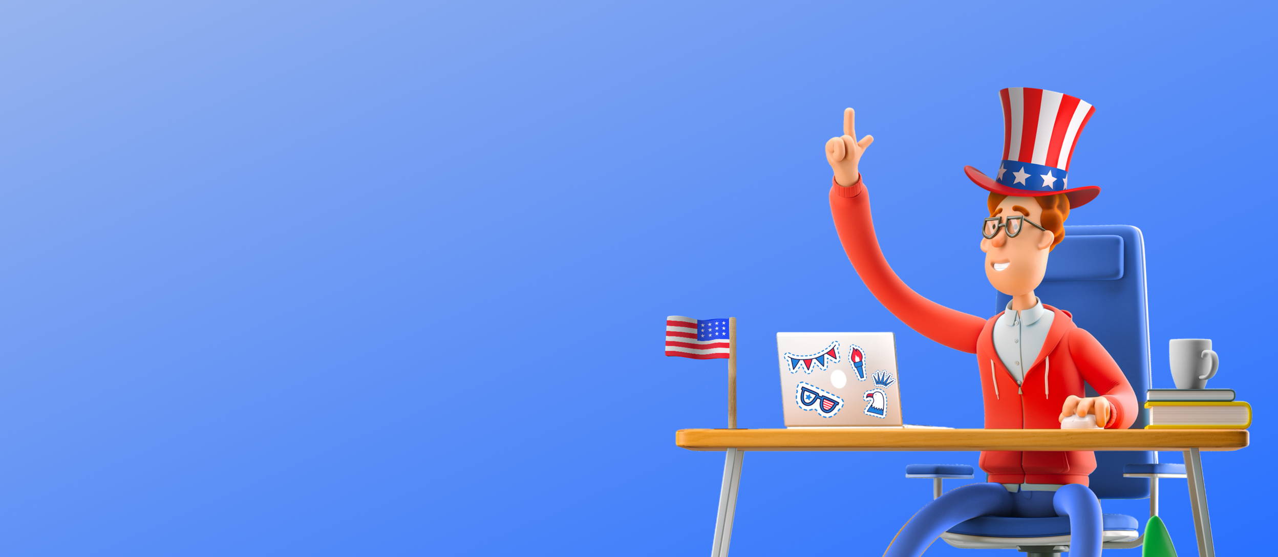An employee sitting in front of their computer decorated in patriotic stickers, wearing a patriotic hat and hoodie, at a desk with an American Flag for Confetti's Virtual US History Trivia