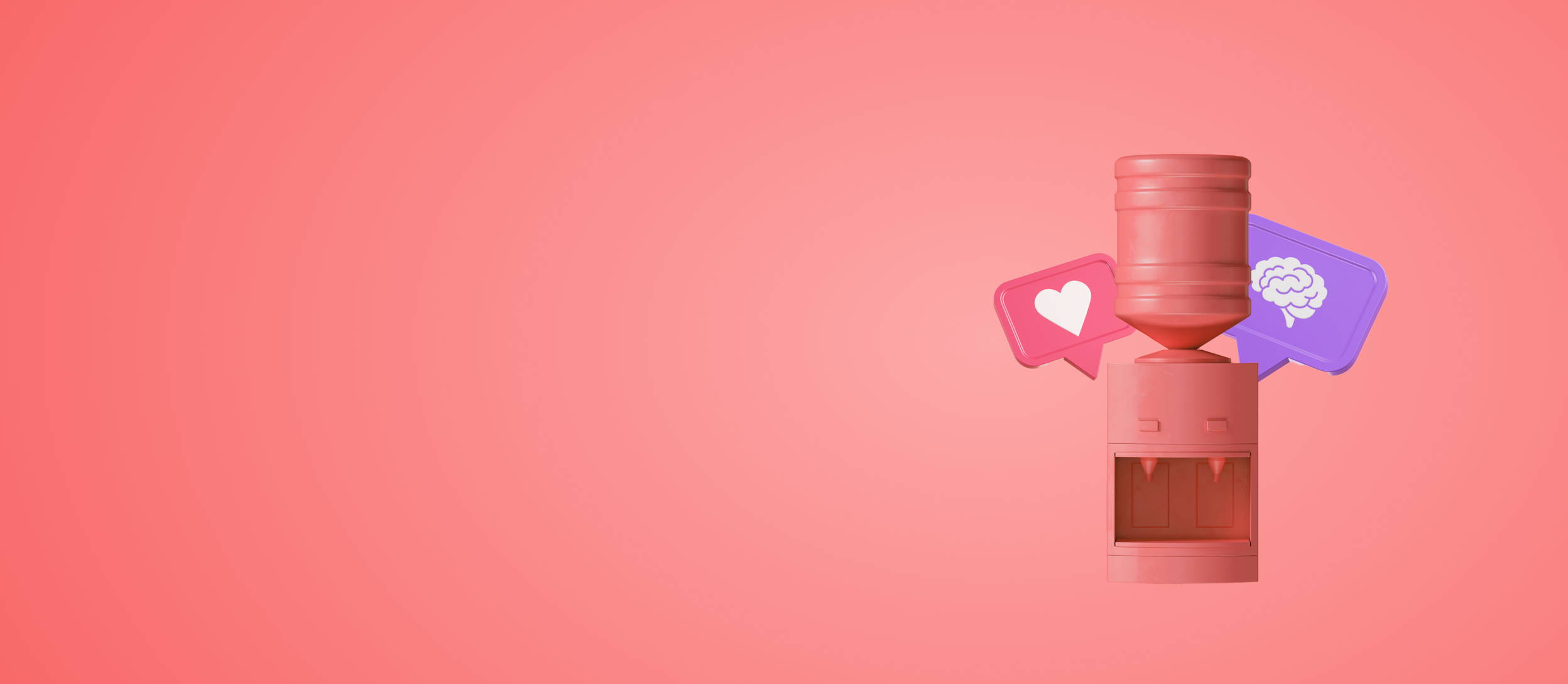 A pink water cooler in front of speech bubbles with a heart and a brain inside for Confetti's Virtual Empathy Team Building Activities