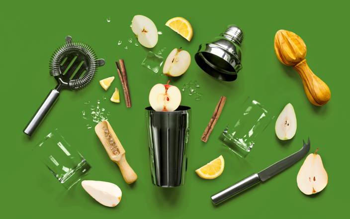 A metal shaker, strainer, ice, a glass and scoop, cinnamon sticks, and various pear and apple slices spilled out for Confetti's Virtual Cocktail Class with Kit