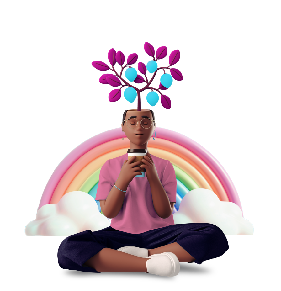 Person meditating and holding a cup of coffee with a plant growing from her head